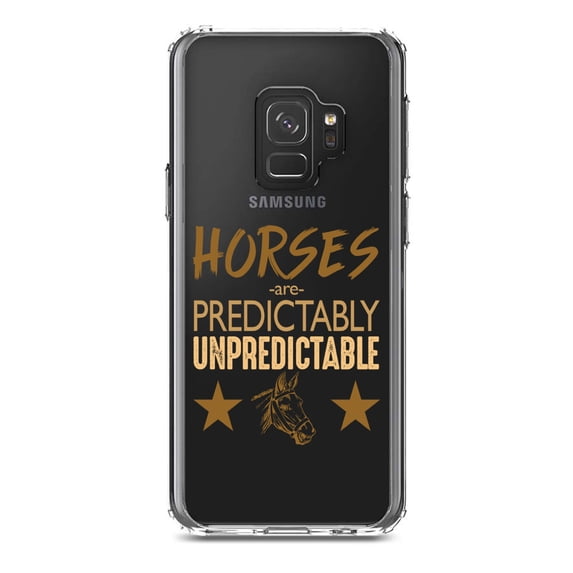 DistinctInk Clear Shockproof Hybrid Case for Samsung Galaxy S9 (5.8" Screen) - TPU Bumper Acrylic Back Tempered Glass Screen Protector - Horses are Predictably Unpredictable