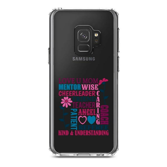 DistinctInk Clear Shockproof Hybrid Case for Samsung Galaxy S9 (5.8" Screen) - TPU Bumper Acrylic Back Tempered Glass Screen Protector - Love U Mom Word Art Mother's Day