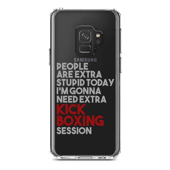 DistinctInk Clear Shockproof Hybrid Case for Samsung Galaxy S9 (5.8" Screen) - TPU Bumper Acrylic Back Tempered Glass Screen Protector - People Are Stupid Need Extra Kick Boxing