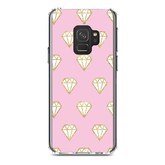 DistinctInk Clear Shockproof Hybrid Case for Samsung Galaxy S9 (5.8" Screen) - TPU Bumper, Acrylic Back, Tempered Glass Screen Protector - Pink & Gold Print - Diamond Pattern
