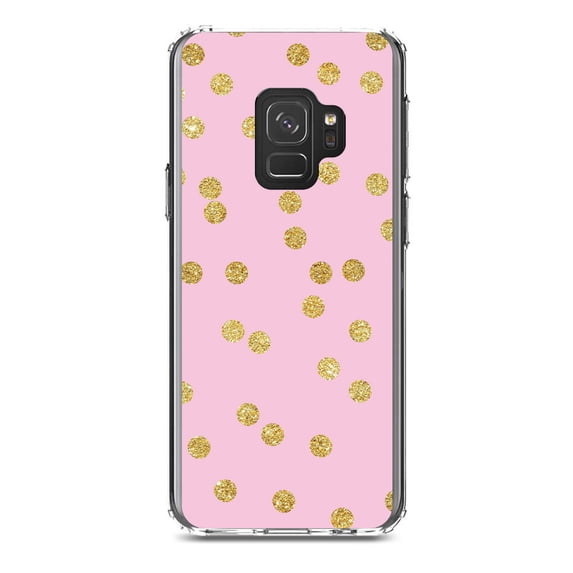 DistinctInk Clear Shockproof Hybrid Case for Samsung Galaxy S9 (5.8" Screen) - TPU Bumper, Acrylic Back, Tempered Glass Screen Protector - Pink & Gold Print - Polka Dots Pattern