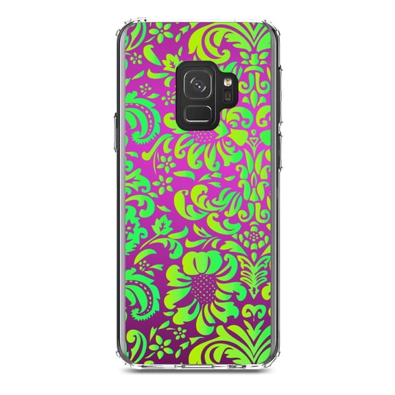 DistinctInk Clear Shockproof Hybrid Case for Samsung Galaxy S9 (5.8" Screen) - TPU Bumper, Acrylic Back, Tempered Glass Screen Protector - Purple Green Floral Pattern