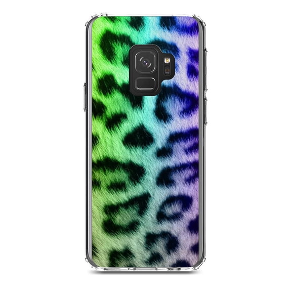 DistinctInk Clear Shockproof Hybrid Case for Samsung Galaxy S9 (5.8" Screen) - TPU Bumper, Acrylic Back, Tempered Glass Screen Protector - Rainbow Leopard Cheetah Fur Print