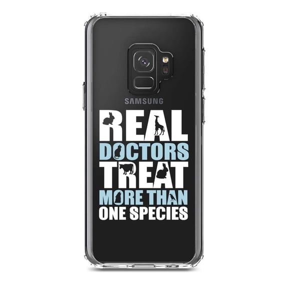DistinctInk Clear Shockproof Hybrid Case for Samsung Galaxy S9 (5.8" Screen) - TPU Bumper Acrylic Back Tempered Glass Screen Protector - Real Doctors Treat More Than One Species