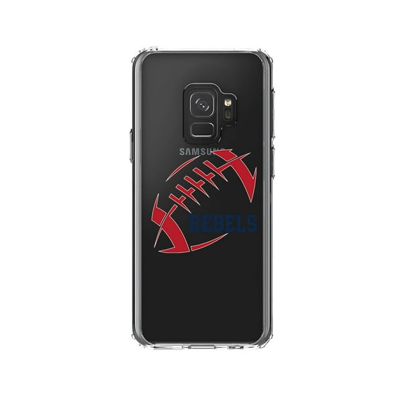 DistinctInk Clear Shockproof Hybrid Case for Samsung Galaxy S9 (5.8" Screen) - TPU Bumper, Acrylic Back, Tempered Glass Screen Protector - Rebels Football - Red, Navy
