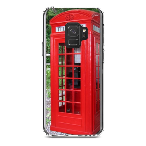 DistinctInk Clear Shockproof Hybrid Case for Samsung Galaxy S9 (5.8" Screen) - TPU Bumper, Acrylic Back, Tempered Glass Screen Protector - Red London Phone Booth