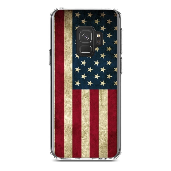 DistinctInk Clear Shockproof Hybrid Case for Samsung Galaxy S9 (5.8" Screen) - TPU Bumper, Acrylic Back, Tempered Glass Screen Protector - Red White Blue United States Flag Old - America