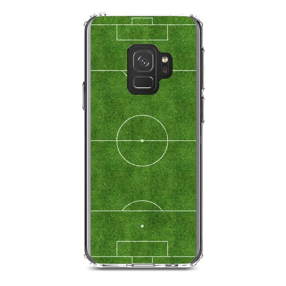 DistinctInk Clear Shockproof Hybrid Case for Samsung Galaxy S9 (5.8" Screen) - TPU Bumper, Acrylic Back, Tempered Glass Screen Protector - Soccer Field Layout