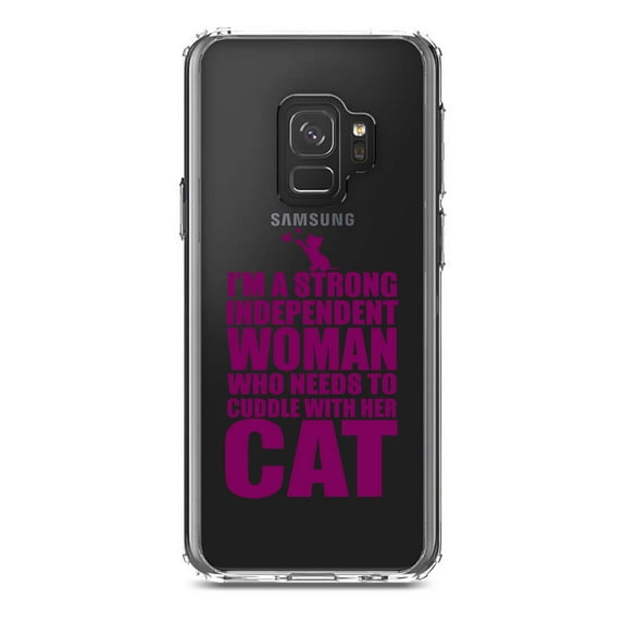 DistinctInk Clear Shockproof Hybrid Case for Samsung Galaxy S9 (5.8" Screen) - TPU Bumper Acrylic Back Tempered Glass Screen Protector - Strong Woman Needs to Cuddle Cat