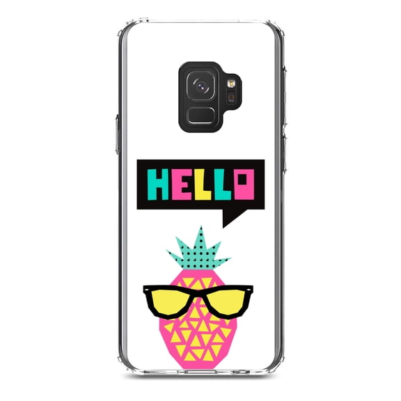 DistinctInk Clear Shockproof Hybrid Case for Samsung Galaxy S9 (5.8" Screen) - TPU Bumper, Acrylic Back, Tempered Glass Screen Protector - Summer Graphics - Hello Cartoon Pineapple
