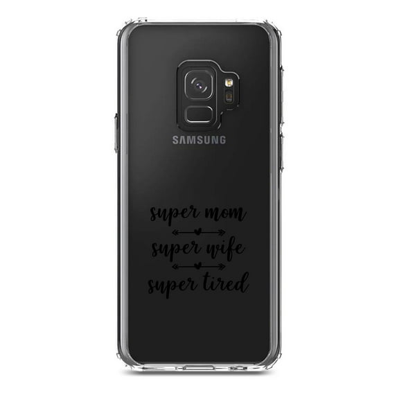 DistinctInk Clear Shockproof Hybrid Case for Samsung Galaxy S9 (5.8" Screen) - TPU Bumper Acrylic Back Tempered Glass Screen Protector - Super Mom Super Wife Super Tired