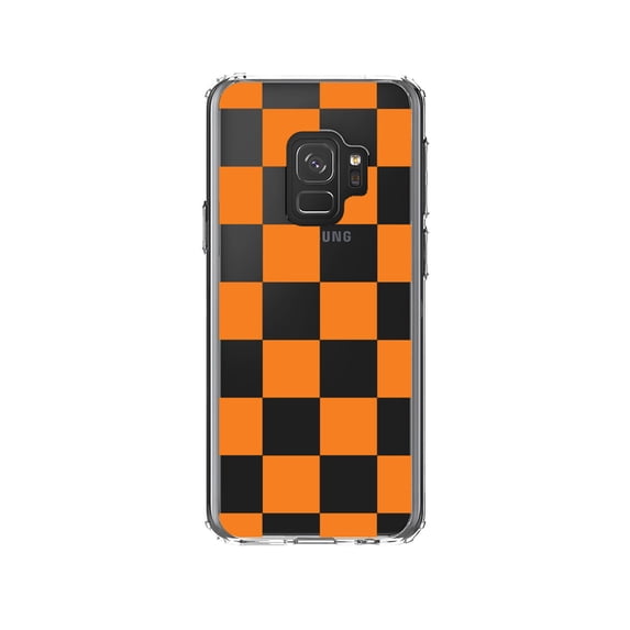 DistinctInk Clear Shockproof Hybrid Case for Samsung Galaxy S9 (5.8" Screen) - TPU Bumper, Acrylic Back, Tempered Glass Screen Protector - Tennessee Checkerboard - Orange, Clear