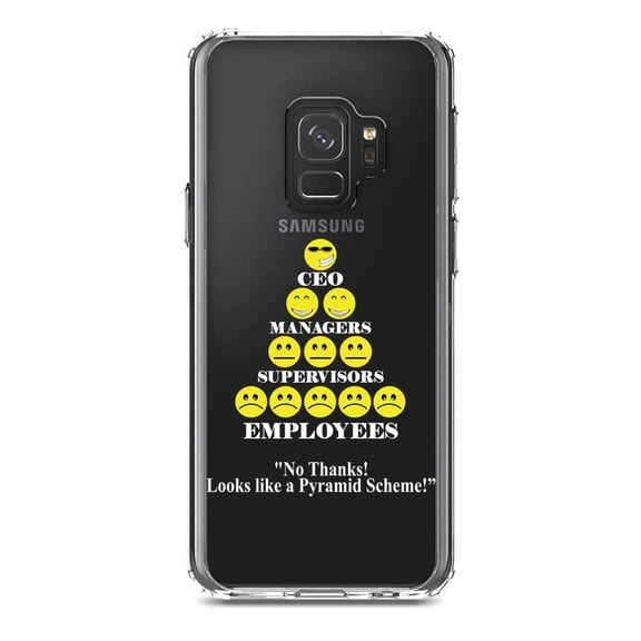 DistinctInk Clear Shockproof Hybrid Case for Samsung Galaxy S9 (5.8" Screen) - TPU Bumper Acrylic Back Tempered Glass Screen Protector - No Thanks Looks Like a Pyramid Scheme