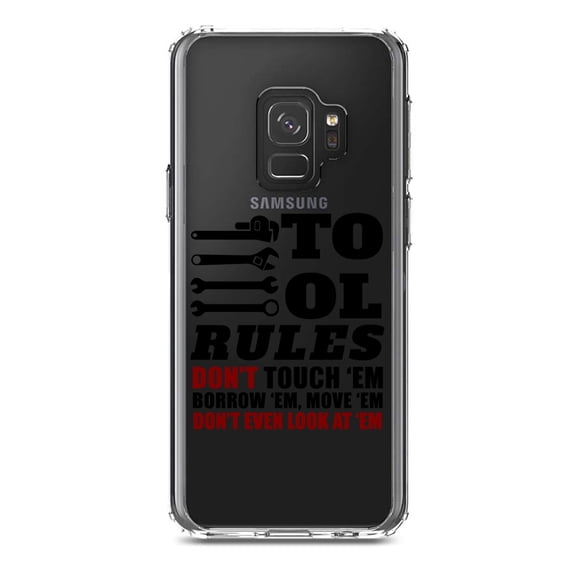 DistinctInk Clear Shockproof Hybrid Case for Samsung Galaxy S9 (5.8" Screen) - TPU Bumper Acrylic Back Tempered Glass Screen Protector - Tool Rules Don't Touch Borrow Move Look