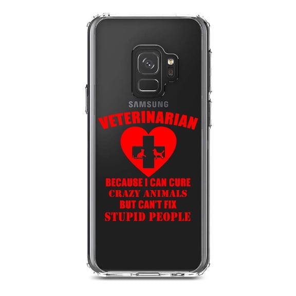 DistinctInk Clear Shockproof Hybrid Case for Samsung Galaxy S9 (5.8" Screen) - TPU Bumper Acrylic Back Tempered Glass Screen Protector - Vets Cure Crazy Animals But Can't Fix Stupid