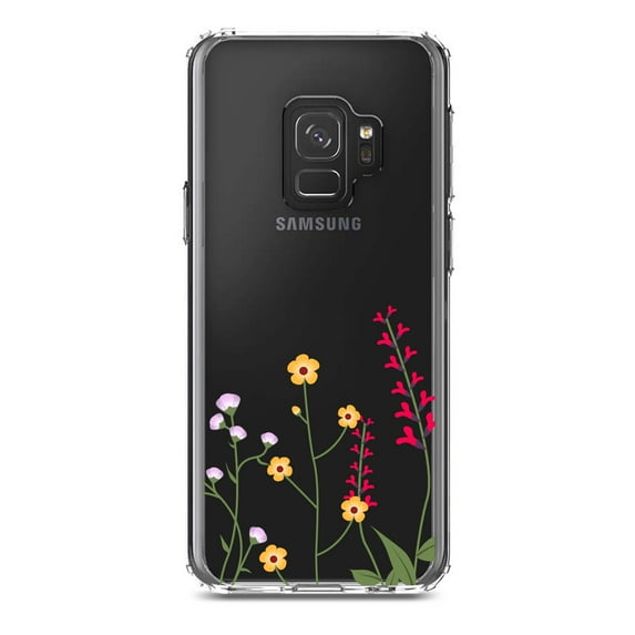 DistinctInk Clear Shockproof Hybrid Case for Samsung Galaxy S9 (5.8" Screen) - TPU Bumper Acrylic Back Tempered Glass Screen Protector - Wildflowers Yellow Pink Purple