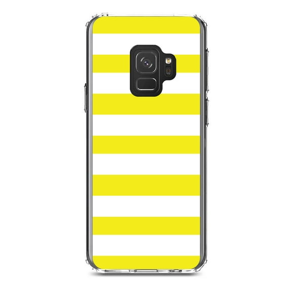 DistinctInk Clear Shockproof Hybrid Case for Samsung Galaxy S9 (5.8" Screen) - TPU Bumper, Acrylic Back, Tempered Glass Screen Protector - Yellow & White Bold Horizontal Stripes