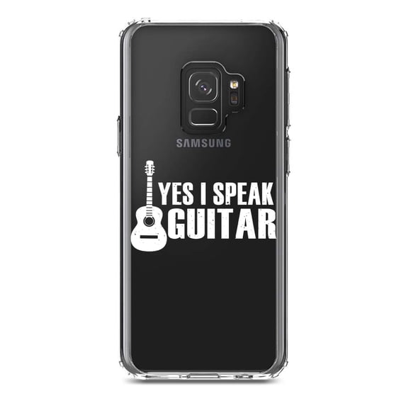 DistinctInk Clear Shockproof Hybrid Case for Samsung Galaxy S9 (5.8" Screen) - TPU Bumper Acrylic Back Tempered Glass Screen Protector - Yes I Speak Guitar