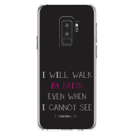 DistinctInk Clear Shockproof Hybrid Case for Samsung Galaxy S9+ PLUS (6.2" Screen) - TPU Bumper, Acrylic Back, Tempered Glass Screen Protector - 2 Corinthians 5:7 - Walk By Faith When I Cannot See