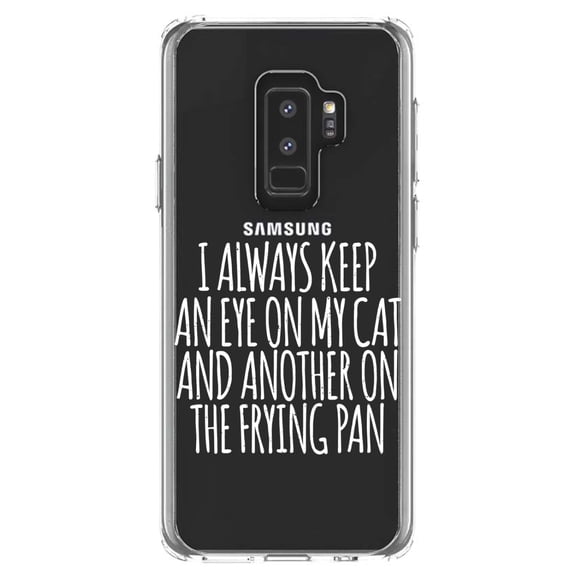 DistinctInk Clear Shockproof Hybrid Case for Samsung Galaxy S9+ PLUS (6.2" Screen) - TPU Bumper Acrylic Back Tempered Glass Screen Protector - Always Keep Eye on Cat and on Frying Pan
