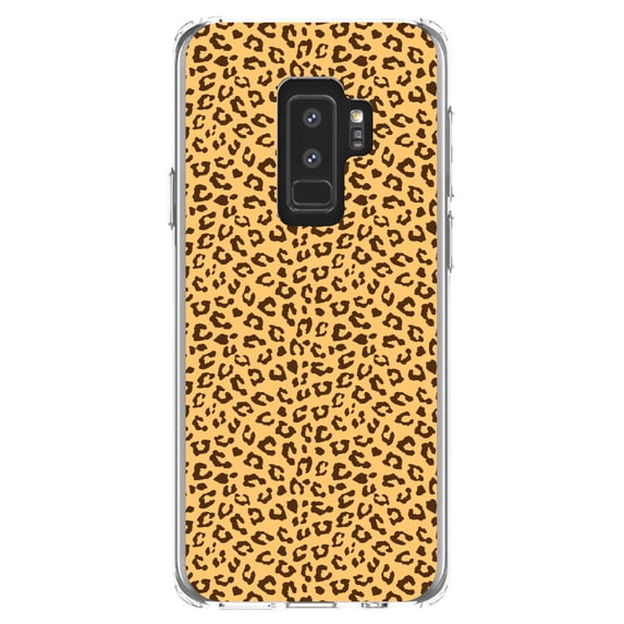 DistinctInk Clear Shockproof Hybrid Case for Samsung Galaxy S9+ PLUS (6.2" Screen) - TPU Bumper, Acrylic Back, Tempered Glass Screen Protector - Beige Tan Brown Cheetah Skin Spots