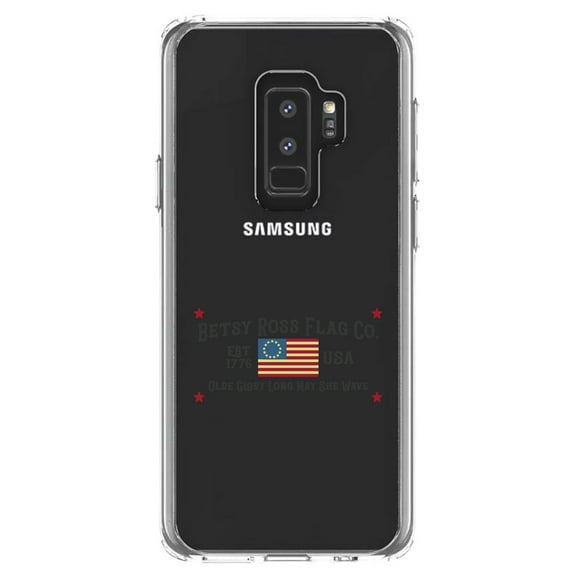 DistinctInk Clear Shockproof Hybrid Case for Samsung Galaxy S9+ PLUS (6.2" Screen) - TPU Bumper Acrylic Back Tempered Glass Screen Protector - Betsy Ross Flag Co - Old Glory USA