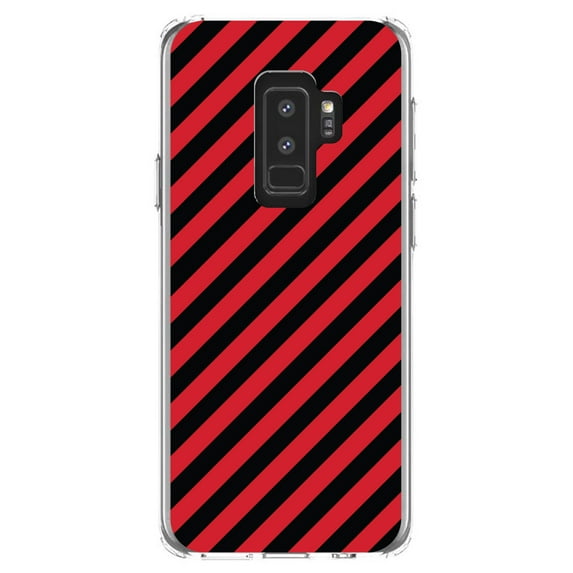 DistinctInk Clear Shockproof Hybrid Case for Samsung Galaxy S9+ PLUS (6.2" Screen) - TPU Bumper, Acrylic Back, Tempered Glass Screen Protector - Black Red Diagonal Stripes