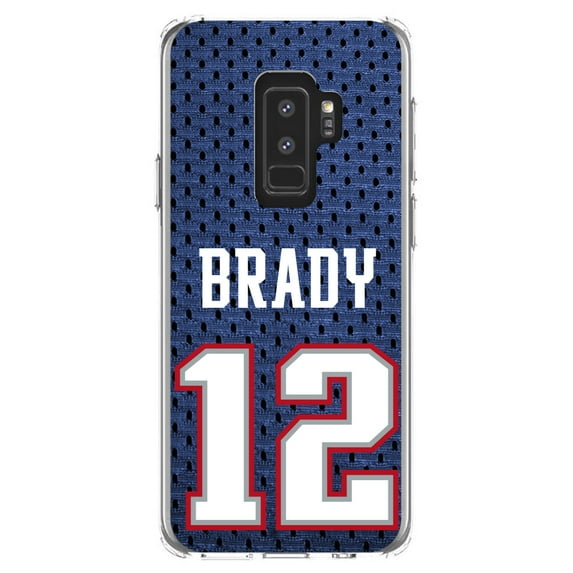 DistinctInk Clear Shockproof Hybrid Case for Samsung Galaxy S9+ PLUS (6.2" Screen) - TPU Bumper, Acrylic Back, Tempered Glass Screen Protector - Brady 12 Jersey - Football Team