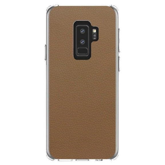 DistinctInk Clear Shockproof Hybrid Case for Samsung Galaxy S9+ PLUS (6.2" Screen) - TPU Bumper, Acrylic Back, Tempered Glass Screen Protector - Brown Faux Leather Print Design - Printed Leather Image
