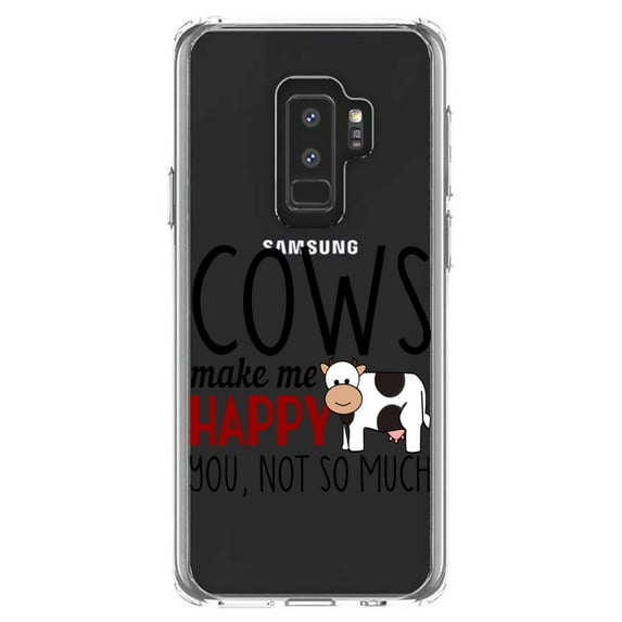 DistinctInk Clear Shockproof Hybrid Case for Samsung Galaxy S9+ PLUS (6.2" Screen) - TPU Bumper Acrylic Back Tempered Glass Screen Protector - Cows Make Me Happy You Not So Much