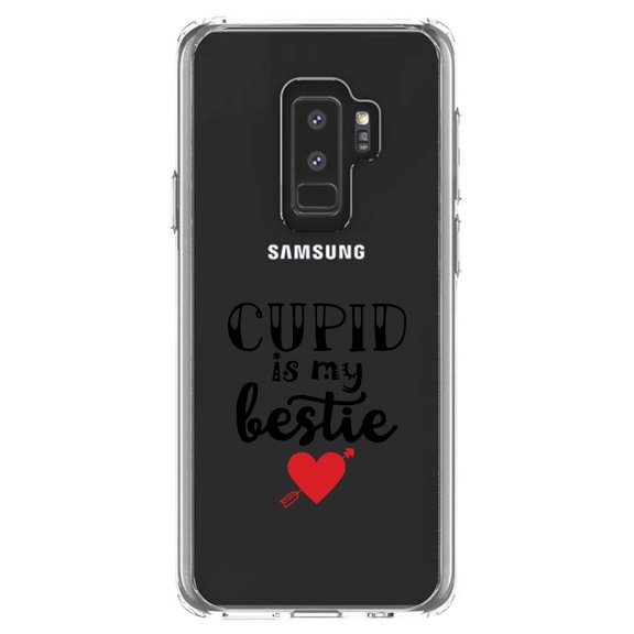 DistinctInk Clear Shockproof Hybrid Case for Samsung Galaxy S9+ PLUS (6.2" Screen) - TPU Bumper Acrylic Back Tempered Glass Screen Protector - Cupid is My Bestie - Heart - Valentine