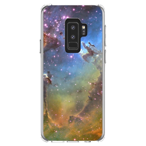 DistinctInk Clear Shockproof Hybrid Case for Samsung Galaxy S9+ PLUS (6.2" Screen) - TPU Bumper, Acrylic Back, Tempered Glass Screen Protector - Eagle Nebula Orange Blue - Astronomy