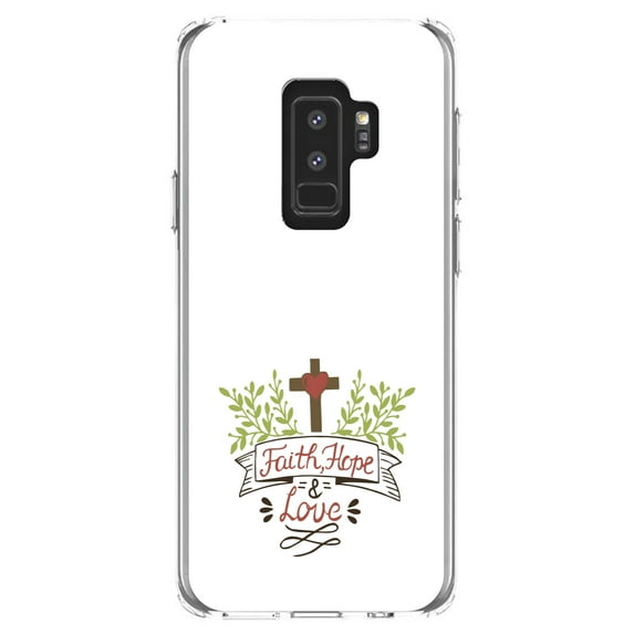 DistinctInk Clear Shockproof Hybrid Case for Samsung Galaxy S9+ PLUS (6.2" Screen) - TPU Bumper, Acrylic Back, Tempered Glass Screen Protector - Faith, Hope & Love - Cross & Leaves