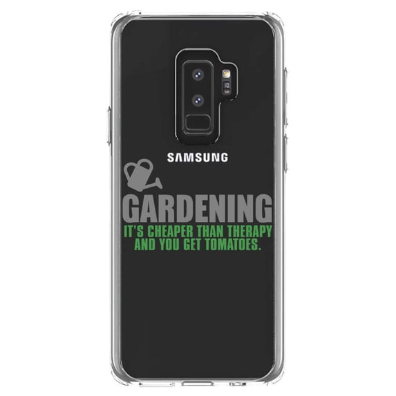 DistinctInk Clear Shockproof Hybrid Case for Samsung Galaxy S9+ PLUS (6.2" Screen) - TPU Bumper Acrylic Back Tempered Glass Screen Protector - Gardening - Cheaper Than Therapy & You Get Tomatoes