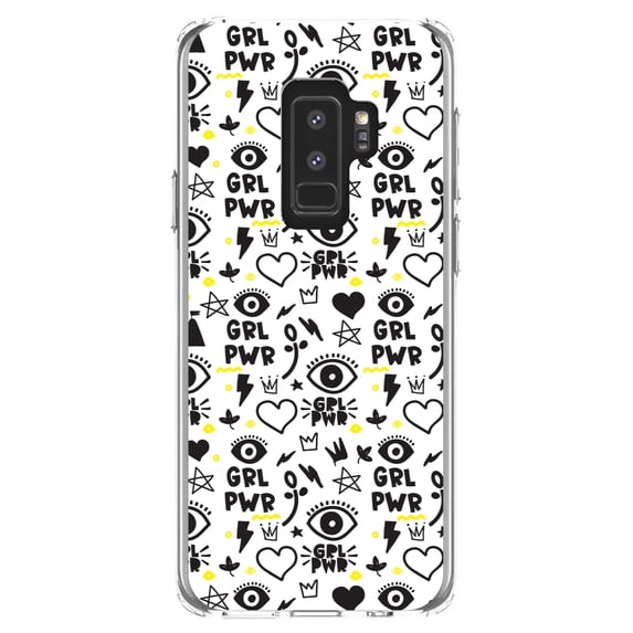 DistinctInk Clear Shockproof Hybrid Case for Samsung Galaxy S9+ PLUS (6.2" Screen) - TPU Bumper, Acrylic Back, Tempered Glass Screen Protector - Girl Power - GRL PWR - Yellow Black