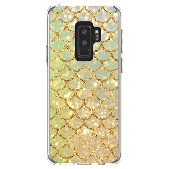DistinctInk Clear Shockproof Hybrid Case for Samsung Galaxy S9+ PLUS (6.2" Screen) - TPU Bumper, Acrylic Back, Tempered Glass Screen Protector - Gold Green Mermaid Scales