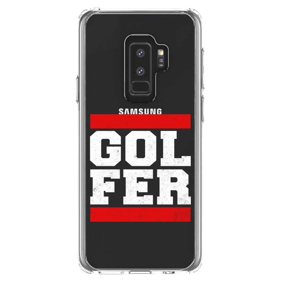 DistinctInk Clear Shockproof Hybrid Case for Samsung Galaxy S9+ PLUS (6.2" Screen) - TPU Bumper Acrylic Back Tempered Glass Screen Protector - Golfer Word Art