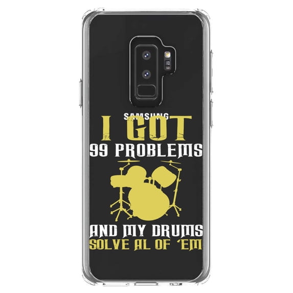 DistinctInk Clear Shockproof Hybrid Case for Samsung Galaxy S9+ PLUS (6.2" Screen) - TPU Bumper Acrylic Back Tempered Glass Screen Protector - Got 99 Problems & My Drums Solve 'Em