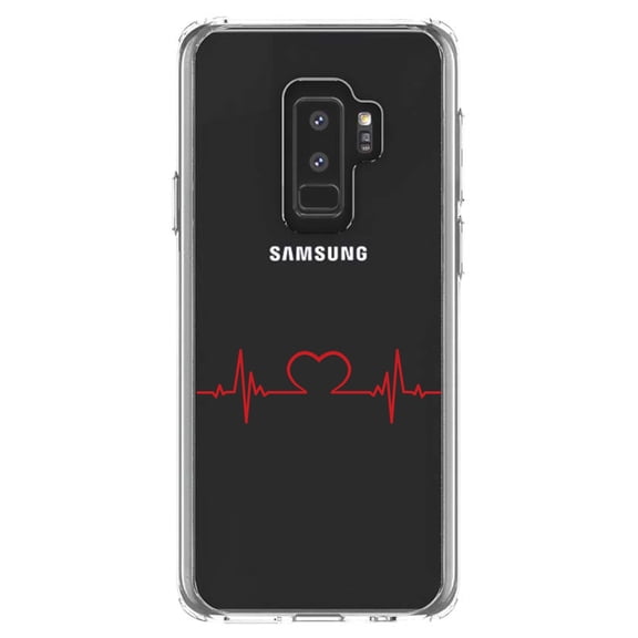 DistinctInk Clear Shockproof Hybrid Case for Samsung Galaxy S9+ PLUS (6.2" Screen) - TPU Bumper Acrylic Back Tempered Glass Screen Protector - Heart Pulse EKG Red Valentine