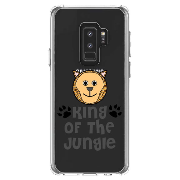DistinctInk Clear Shockproof Hybrid Case for Samsung Galaxy S9+ PLUS (6.2" Screen) - TPU Bumper Acrylic Back Tempered Glass Screen Protector - King of the Jungle - Lion