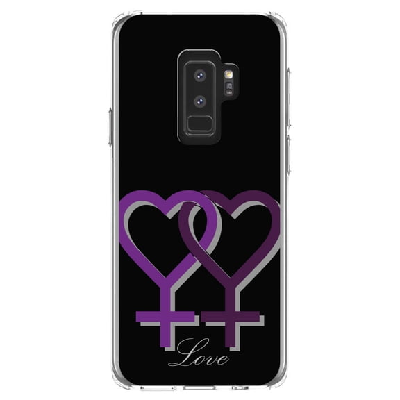 DistinctInk Clear Shockproof Hybrid Case for Samsung Galaxy S9+ PLUS (6.2" Screen) - TPU Bumper, Acrylic Back, Tempered Glass Screen Protector - Lesbian Purple Symbols Love - LGBTQ Support