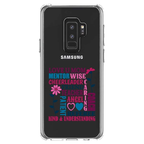 DistinctInk Clear Shockproof Hybrid Case for Samsung Galaxy S9+ PLUS (6.2" Screen) - TPU Bumper Acrylic Back Tempered Glass Screen Protector - Love U Mom Word Art Mother's Day