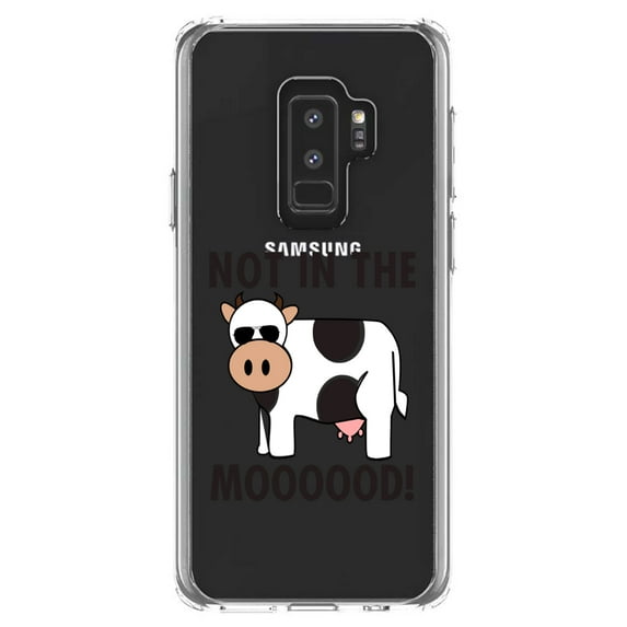 DistinctInk Clear Shockproof Hybrid Case for Samsung Galaxy S9+ PLUS (6.2" Screen) - TPU Bumper Acrylic Back Tempered Glass Screen Protector - Not in the MOOOOOOD! Cow