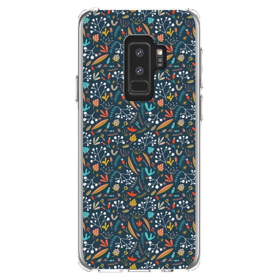 DistinctInk Clear Shockproof Hybrid Case for Samsung Galaxy S9+ PLUS (6.2" Screen) - TPU Bumper, Acrylic Back, Tempered Glass Screen Protector - Modern Floral - Navy Red White