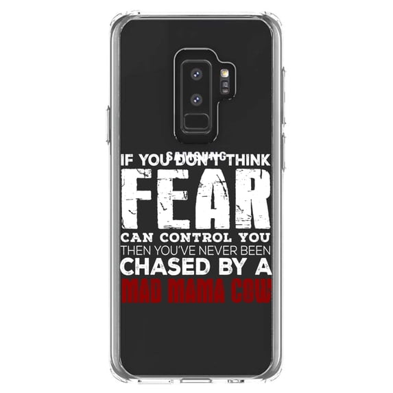 DistinctInk Clear Shockproof Hybrid Case for Samsung Galaxy S9+ PLUS (6.2" Screen) - TPU Bumper Acrylic Back Tempered Glass Screen Protector - Never Been Chased By A Mad Mama Cow