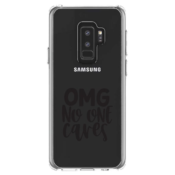 DistinctInk Clear Shockproof Hybrid Case for Samsung Galaxy S9+ PLUS (6.2" Screen) - TPU Bumper Acrylic Back Tempered Glass Screen Protector - OMG No One Cares - Black
