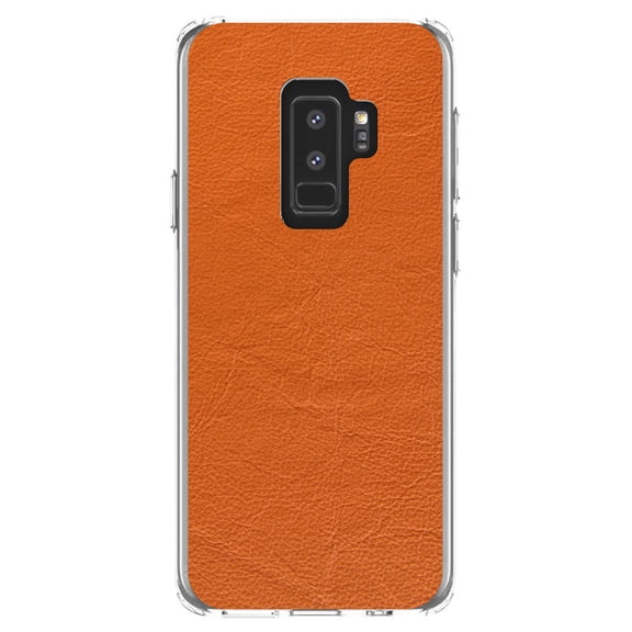 DistinctInk Clear Shockproof Hybrid Case for Samsung Galaxy S9+ PLUS (6.2" Screen) - TPU Bumper, Acrylic Back, Tempered Glass Screen Protector - Orange Faux Leather Print Design - Printed Leather