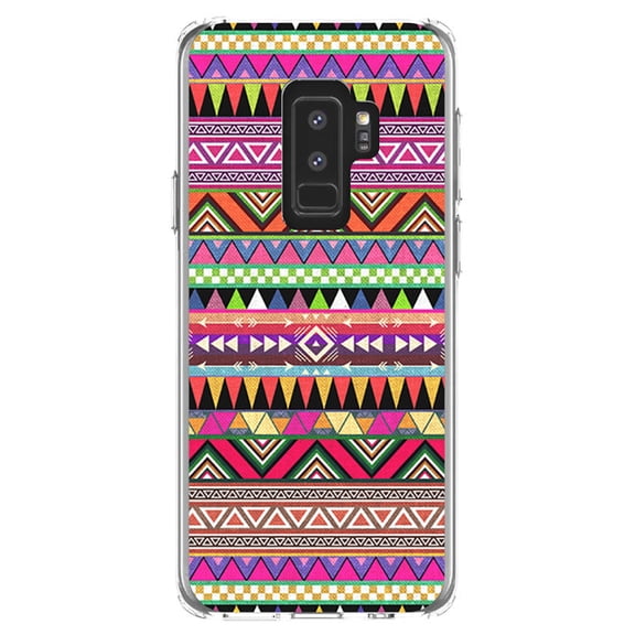 DistinctInk Clear Shockproof Hybrid Case for Samsung Galaxy S9+ PLUS (6.2" Screen) - TPU Bumper, Acrylic Back, Tempered Glass Screen Protector - Pink Blue Orange Tribal Print