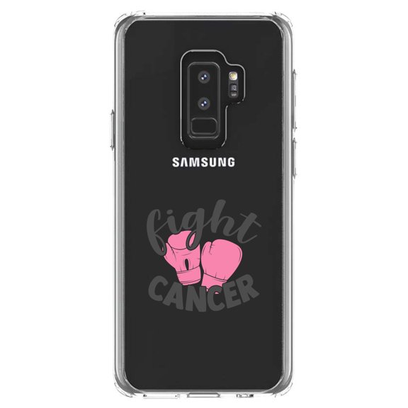 DistinctInk Clear Shockproof Hybrid Case for Samsung Galaxy S9+ PLUS (6.2" Screen) - TPU Bumper Acrylic Back Tempered Glass Screen Protector - Pink Ribbon Cancer - Fight Boxing Gloves