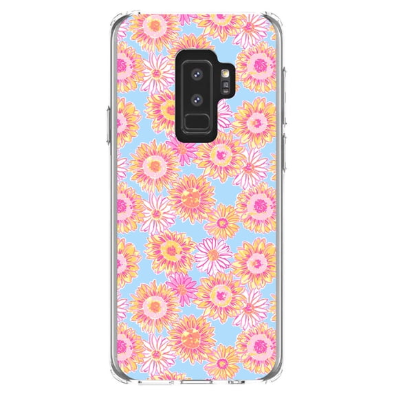 DistinctInk Clear Shockproof Hybrid Case for Samsung Galaxy S9+ PLUS (6.2" Screen) - TPU Bumper, Acrylic Back, Tempered Glass Screen Protector - Preppy Pattern - Blue Pink Yellow Flowers Floral